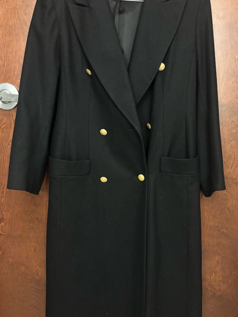 Black Double-Breasted Trench Coat with Gold Buttons